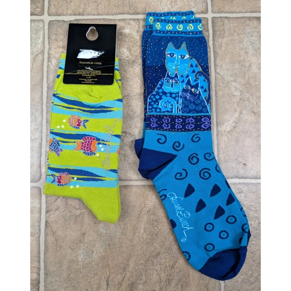 2 Laurel Burch 9-11 multi color Socks NWT NWOT cats fish gold silver shine 3079